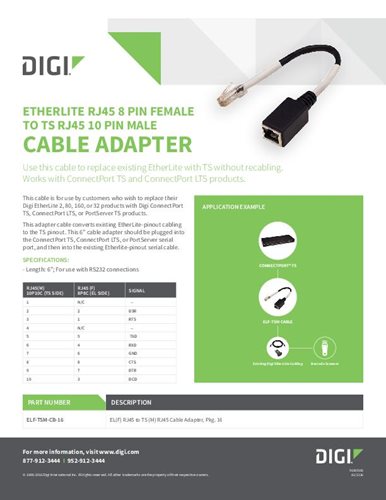 EtherLite RJ45 8 Pin Female to TS RJ45 10 Pin Male Cable Adapter Datasheet